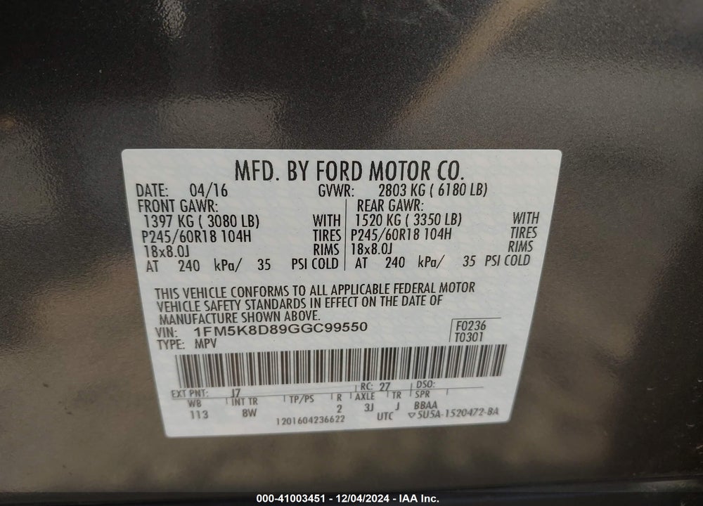 2016 FORD EXPLORER XLT VIN: 1FM5K8D89GGC99550