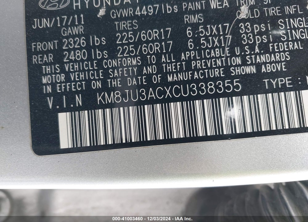 2012 HYUNDAI TUCSON GLS VIN: KM8JU3ACXCU338355
