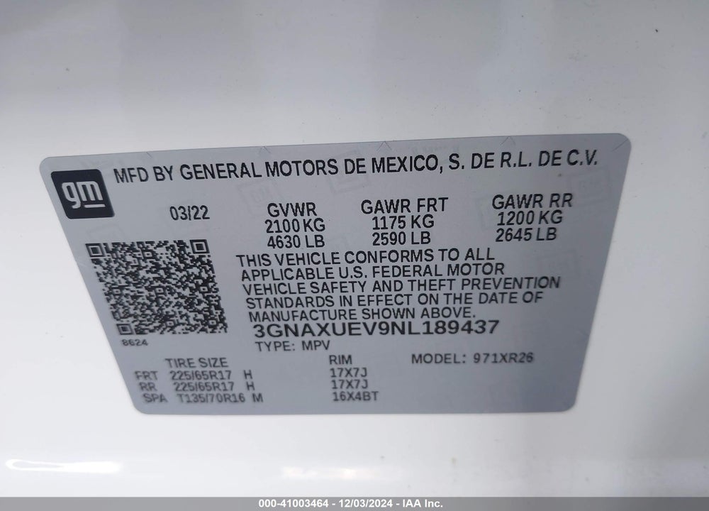 2022 CHEVROLET EQUINOX AWD LT VIN: 3GNAXUEV9NL189437
