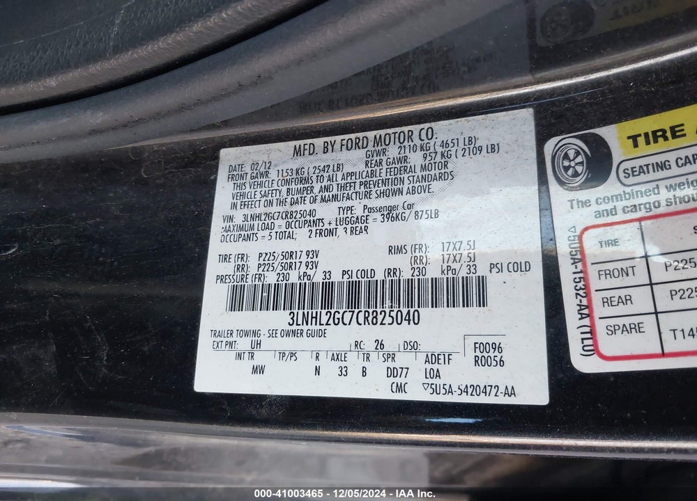 2012 LINCOLN MKZ VIN: 3LNHL2GC7CR825040