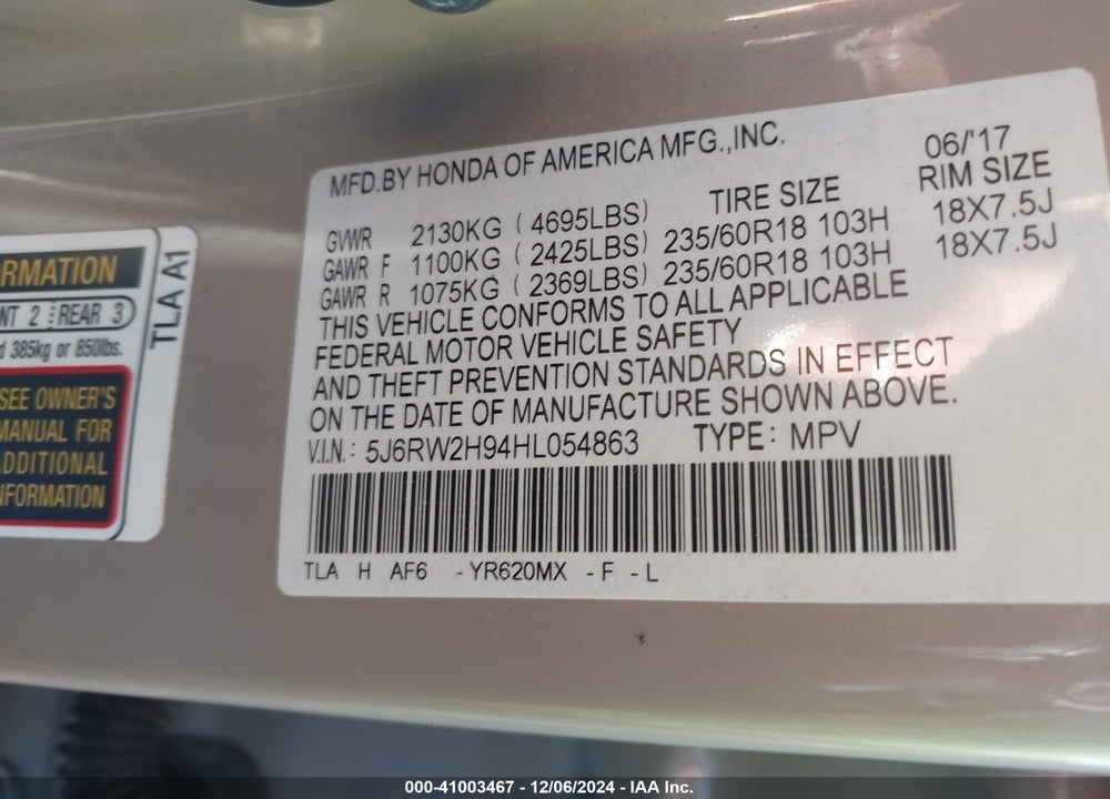 2017 HONDA CR-V VIN: 5J6RW2H94HL054863