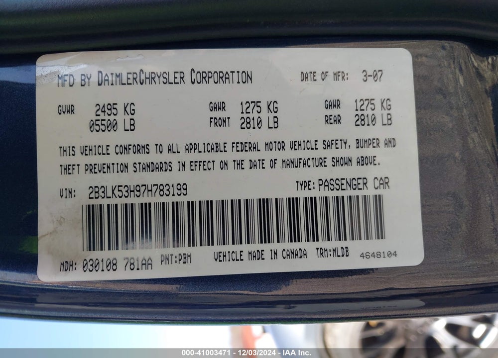 2007 DODGE CHARGER R/T VIN: 2B3LK53H97H783199