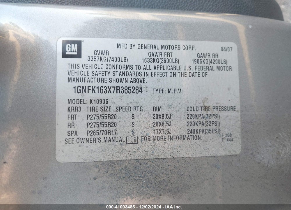 2007 CHEVROLET SUBURBAN 1500 LTZ VIN: 1GNFK163X7R385284