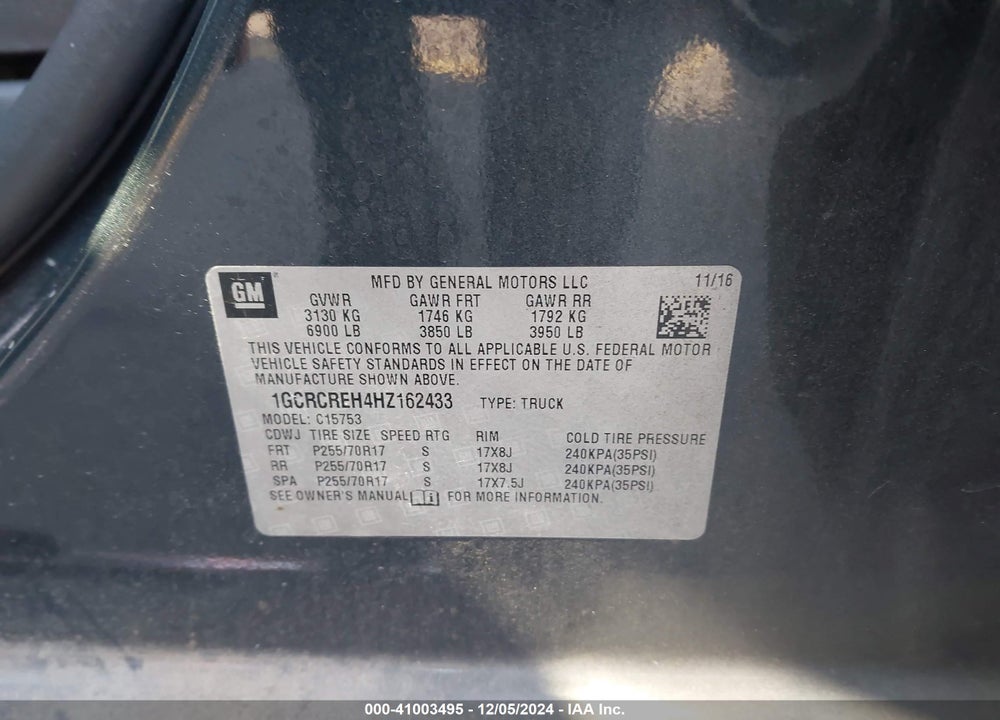 2017 CHEVROLET SILVERADO 1500 VIN: 1GCRCREH4HZ162433