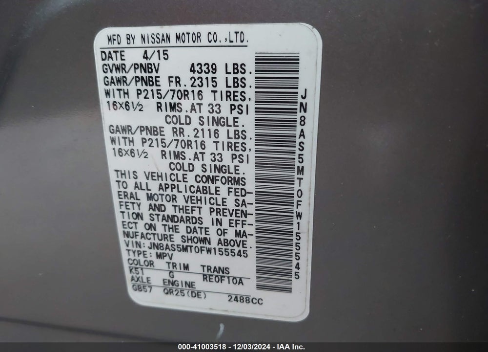 2015 NISSAN ROGUE SELECT S VIN: JN8AS5MT0FW155545