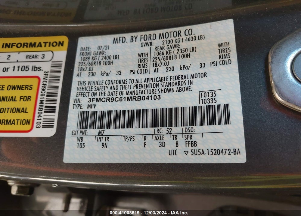 2021 FORD BRONCO SPORT OUTER BANKS VIN: 3FMCR9C61MRB04103