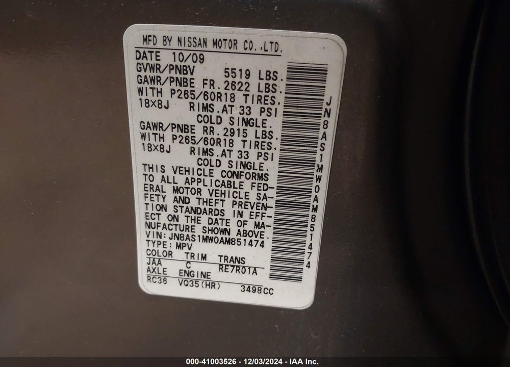 2010 INFINITI FX35 VIN: JN8AS1MW0AM851474