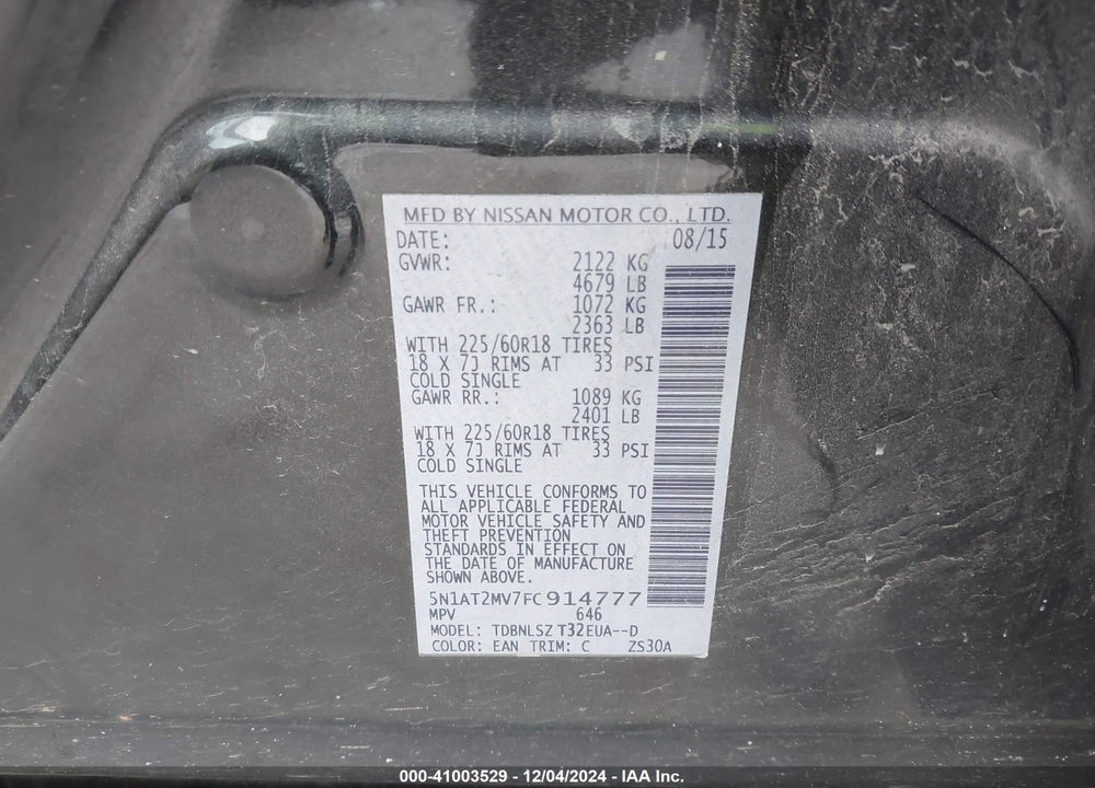 2015 NISSAN ROGUE SL VIN: 5N1AT2MV7FC914777