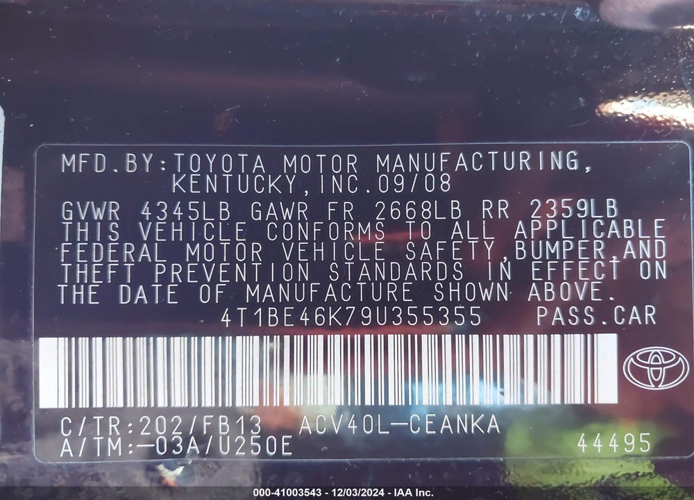 2009 TOYOTA CAMRY LE VIN: 4T1BE46K79U355355