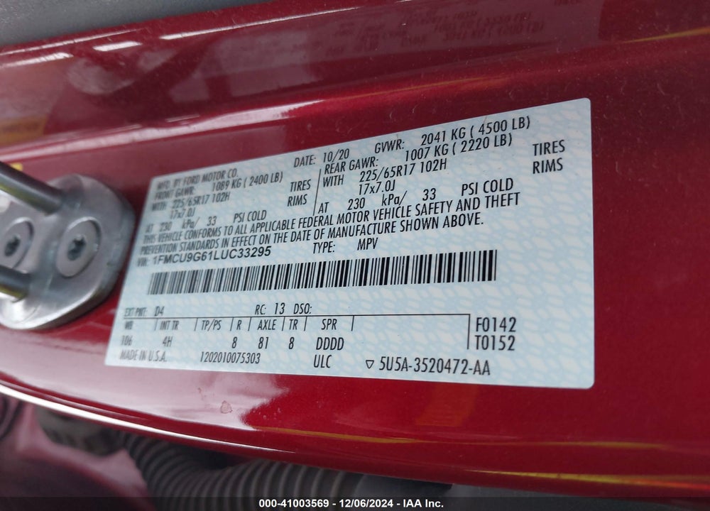 2020 FORD ESCAPE SE VIN: 1FMCU9G61LUC33295