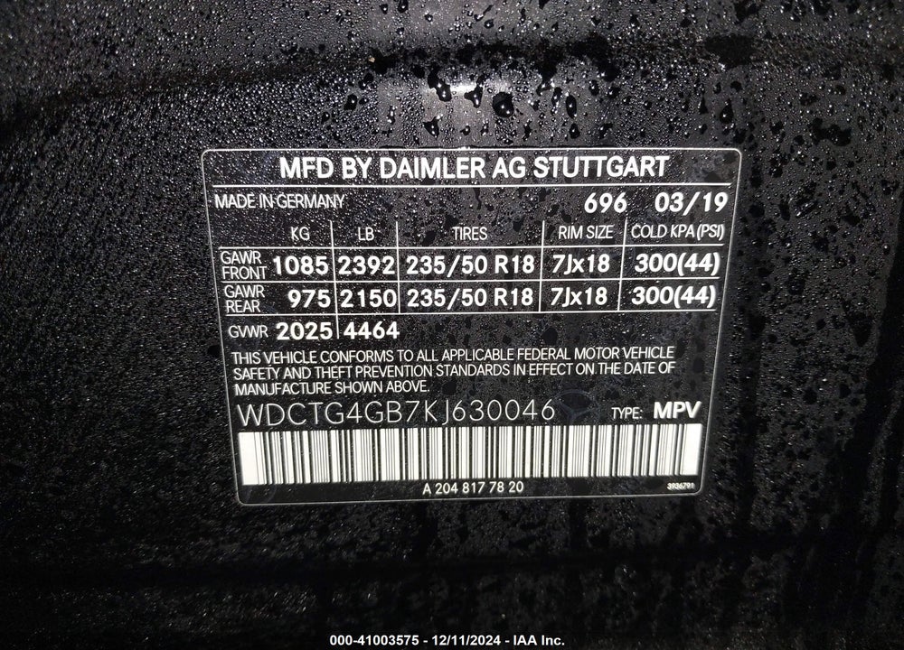 2019 MERCEDES-BENZ GLA 250 4MATIC VIN: WDCTG4GB7KJ630046