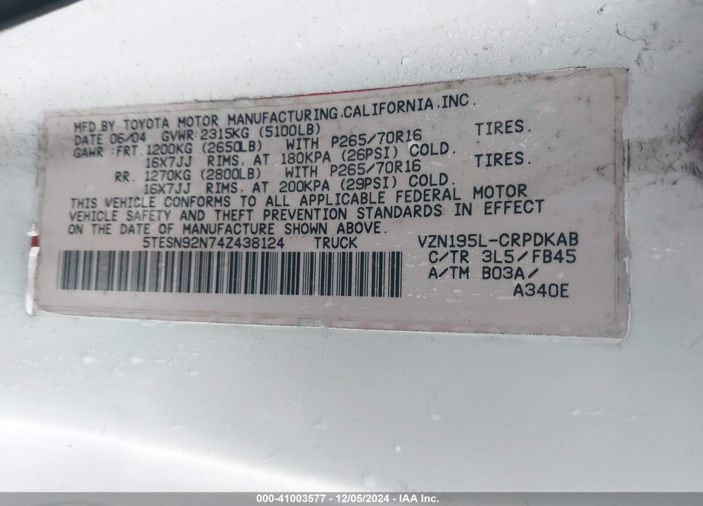 2004 TOYOTA TACOMA PRERUNNER V6 VIN: 5TESN92N74Z438124