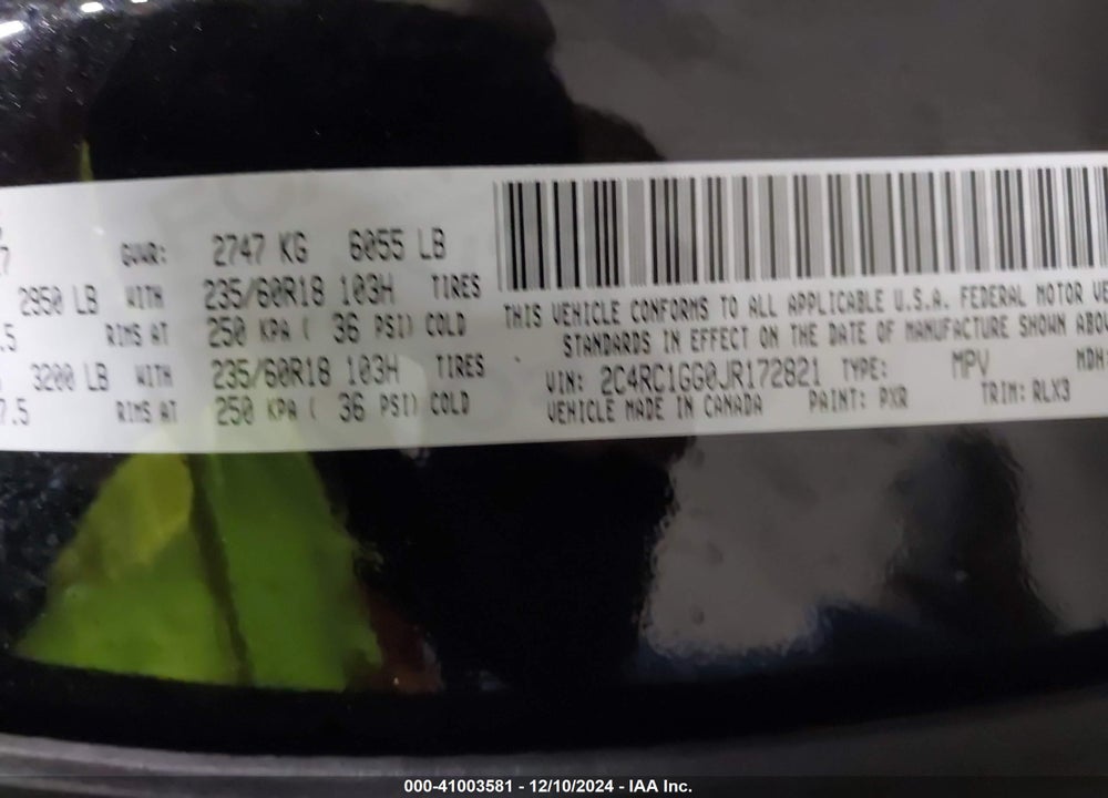 2018 CHRYSLER PACIFICA LIMITED VIN: 2C4RC1GG0JR172821