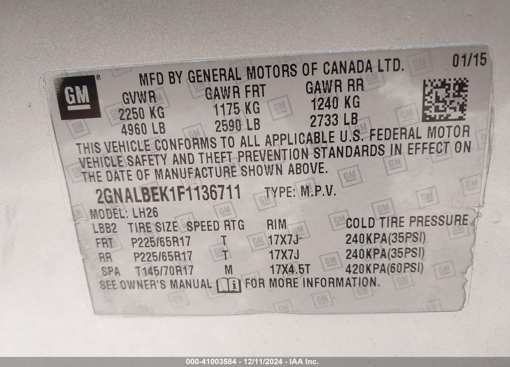 2015 CHEVROLET EQUINOX 1LT VIN: 2GNALBEK1F1136711