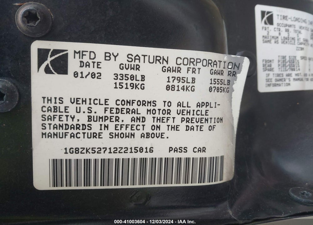 2002 SATURN S-SERIES SL2 VIN: 1G8ZK52712Z215016