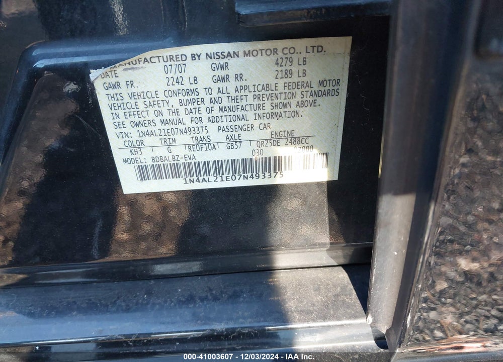 2007 NISSAN ALTIMA 2.5 S VIN: 1N4AL21E07N493375