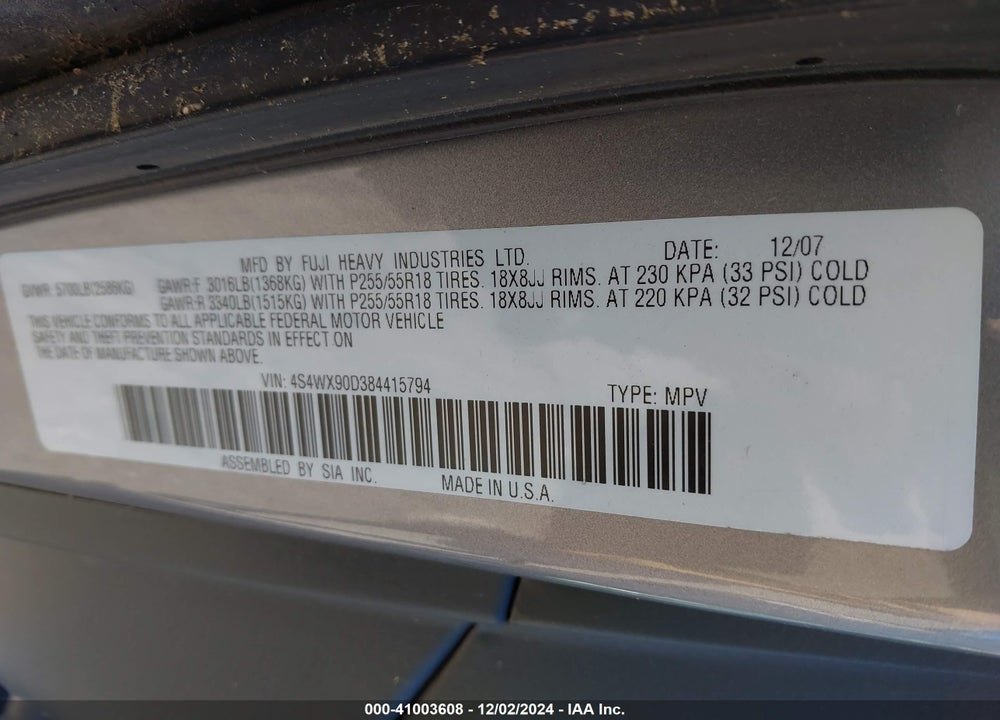 2008 SUBARU TRIBECA LIMITED 7-PASSENGER VIN: 4S4WX90D384415794