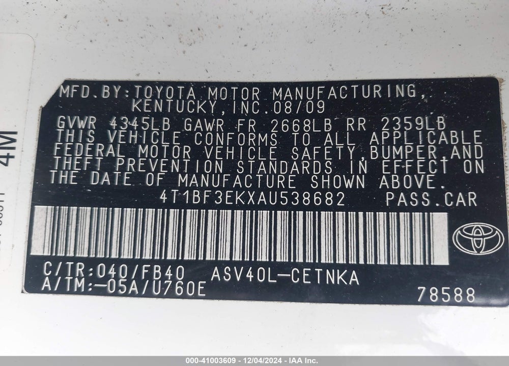 2010 TOYOTA CAMRY LE VIN: 4T1BF3EKXAU538682