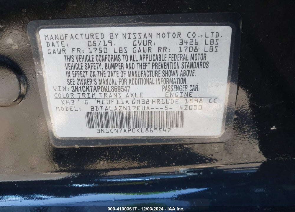 2019 NISSAN VERSA 1.6 S+ VIN: 3N1CN7AP0KL869547
