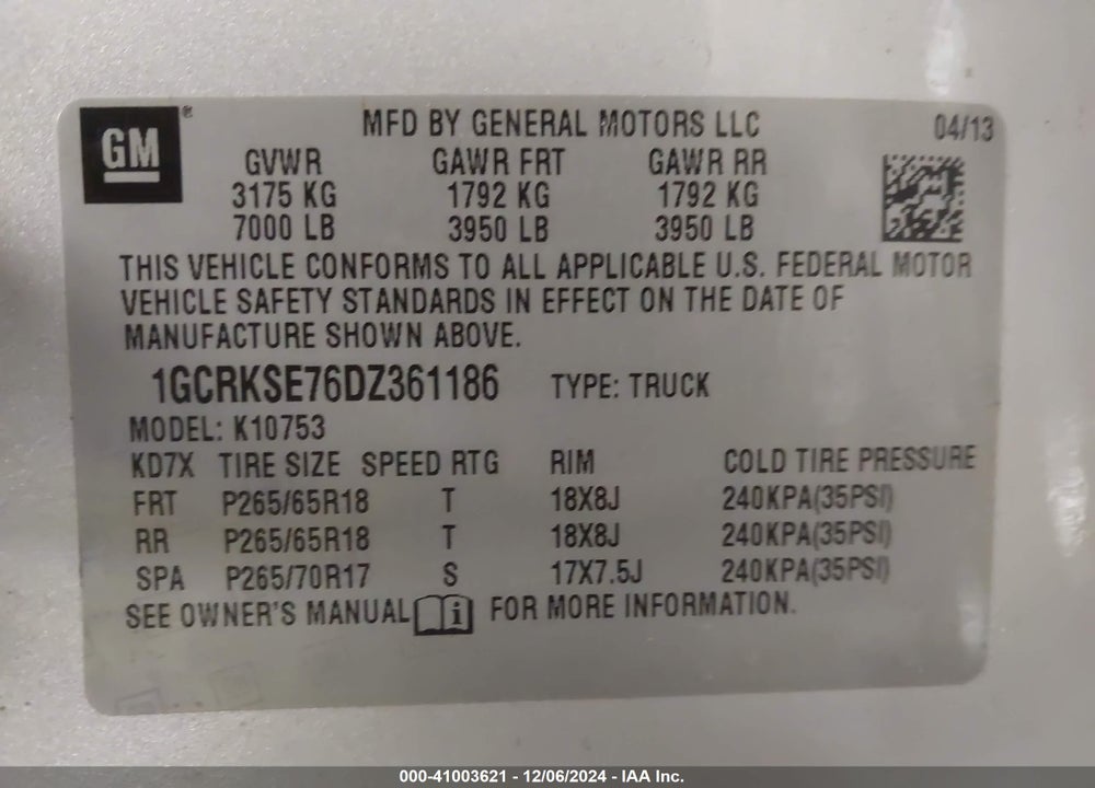 2013 CHEVROLET SILVERADO VIN: 1GCRKSE76DZ361186