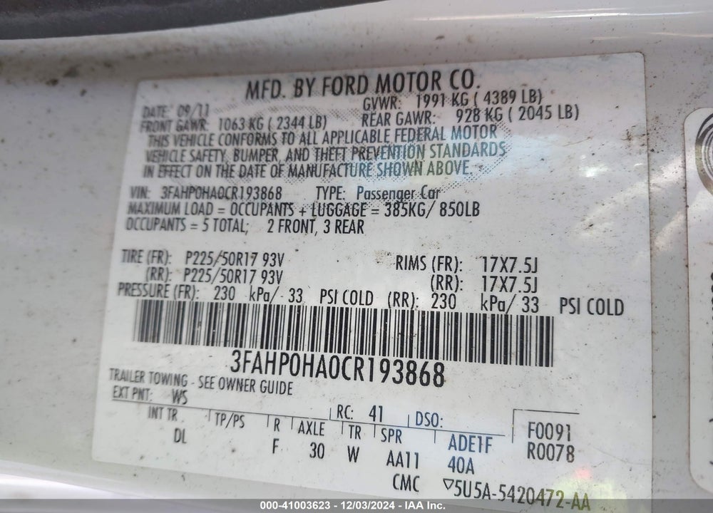 2012 FORD FUSION SE VIN: 3FAHP0HA0CR193868