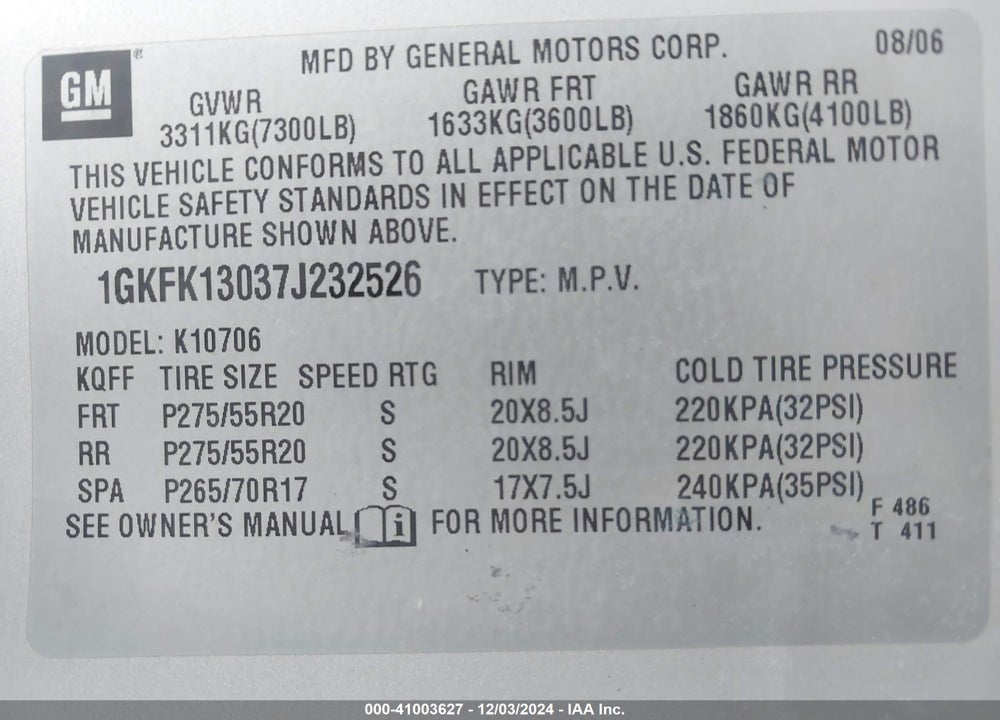 2007 GMC YUKON SLT VIN: 1GKFK13037J232526