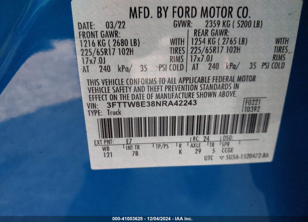 2022 FORD MAVERICK VIN: 3FTTW8E38NRA42243