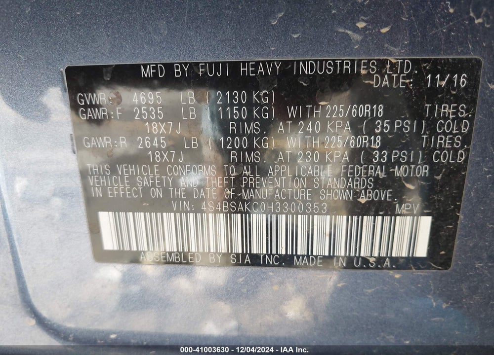 2017 SUBARU OUTBACK 2.5I LIMITED VIN: 4S4BSAKC0H3300353