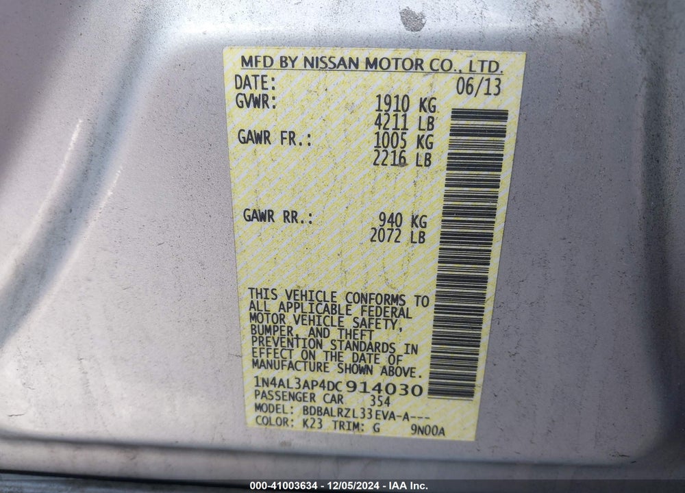 2013 NISSAN ALTIMA 2.5 S VIN: 1N4AL3AP4DC914030