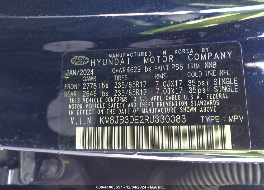 2024 HYUNDAI TUCSON SEL VIN: KM8JB3DE2RU330083