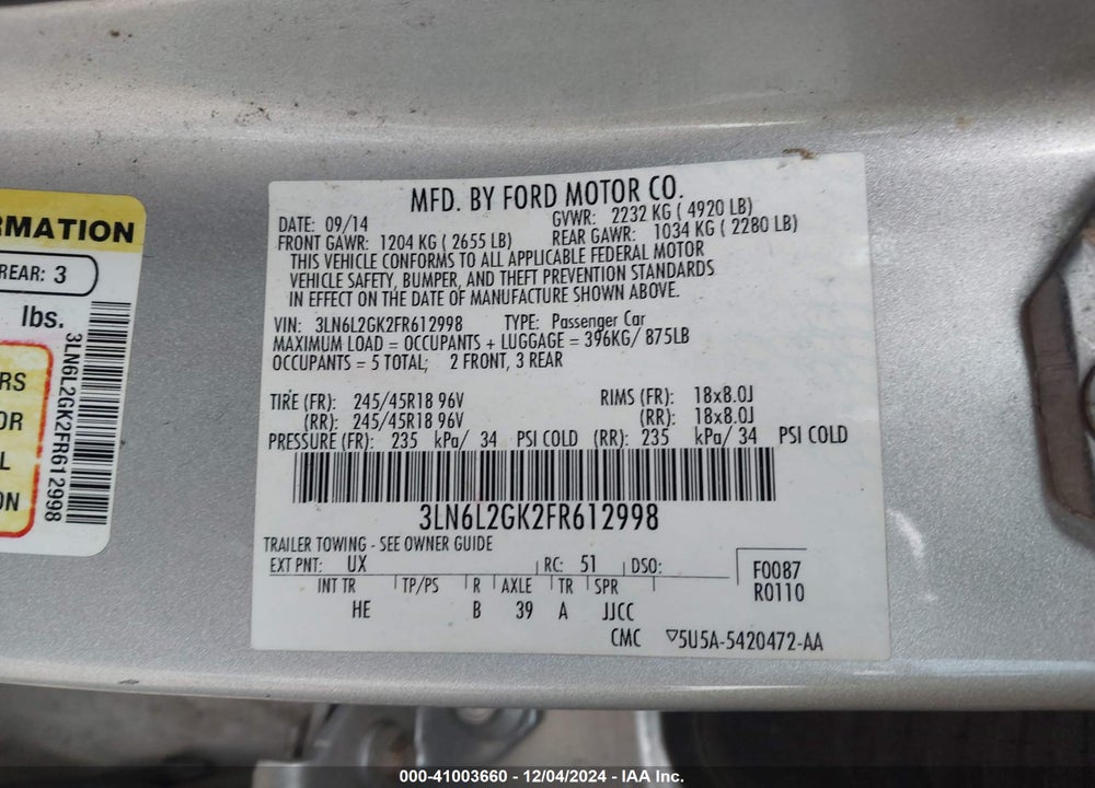 2015 LINCOLN MKZ VIN: 3LN6L2GK2FR612998
