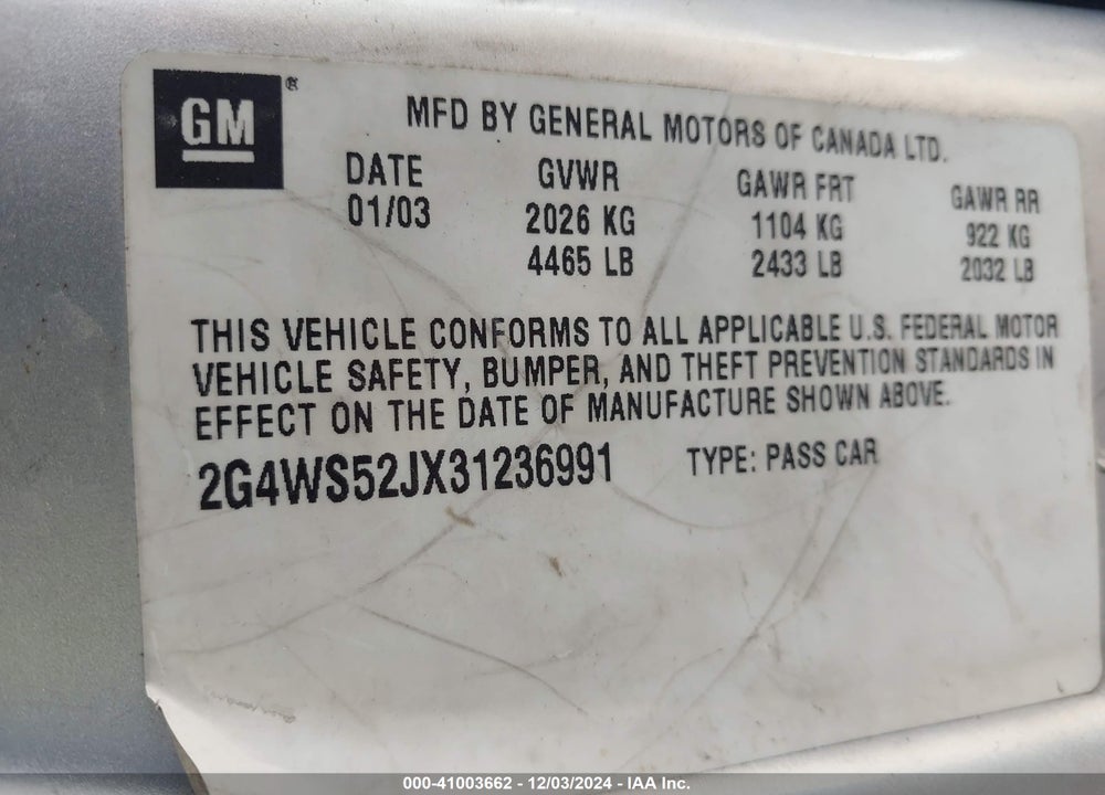 2003 BUICK CENTURY CUSTOM VIN: 2G4WS52JX31236991