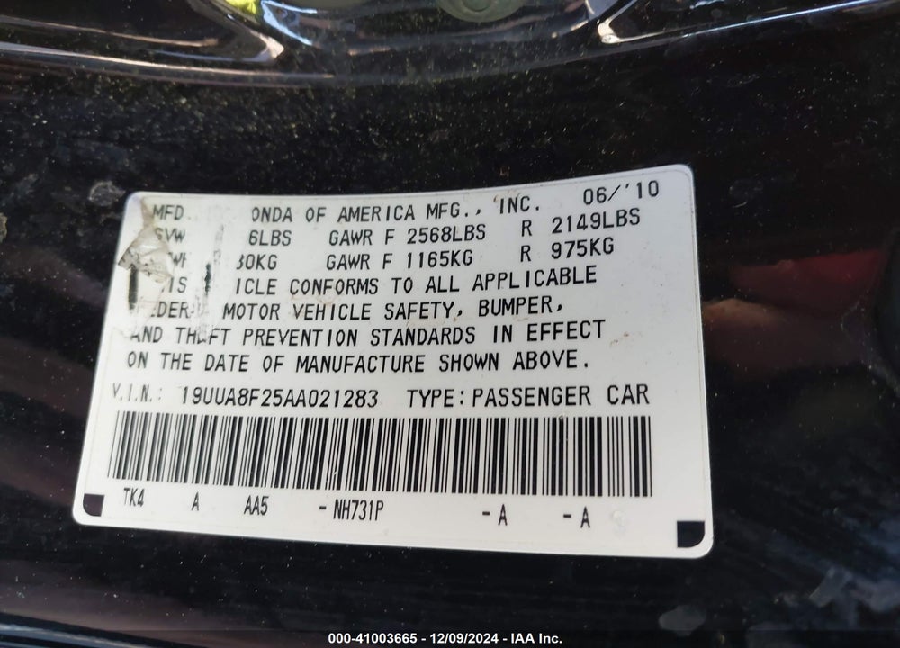 2010 ACURA TL 3.5 VIN: 19UUA8F25AA021283