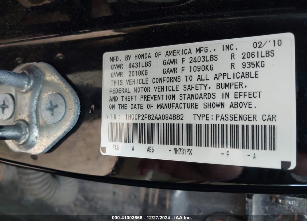2010 HONDA ACCORD 2.4 EX-L VIN: 1HGCP2F82AA094882