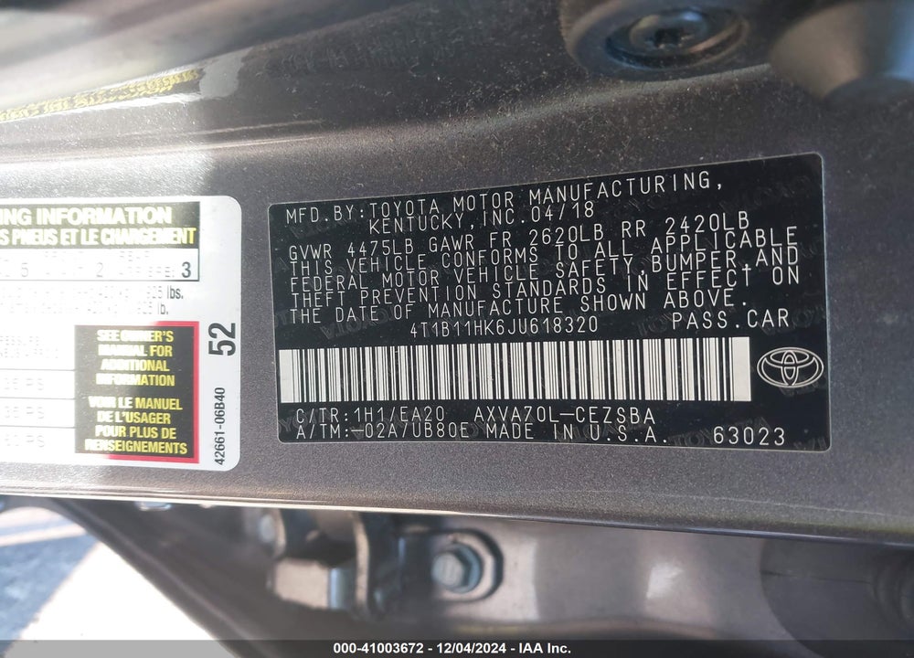 2018 TOYOTA CAMRY VIN: 4T1B11HK6JU618320
