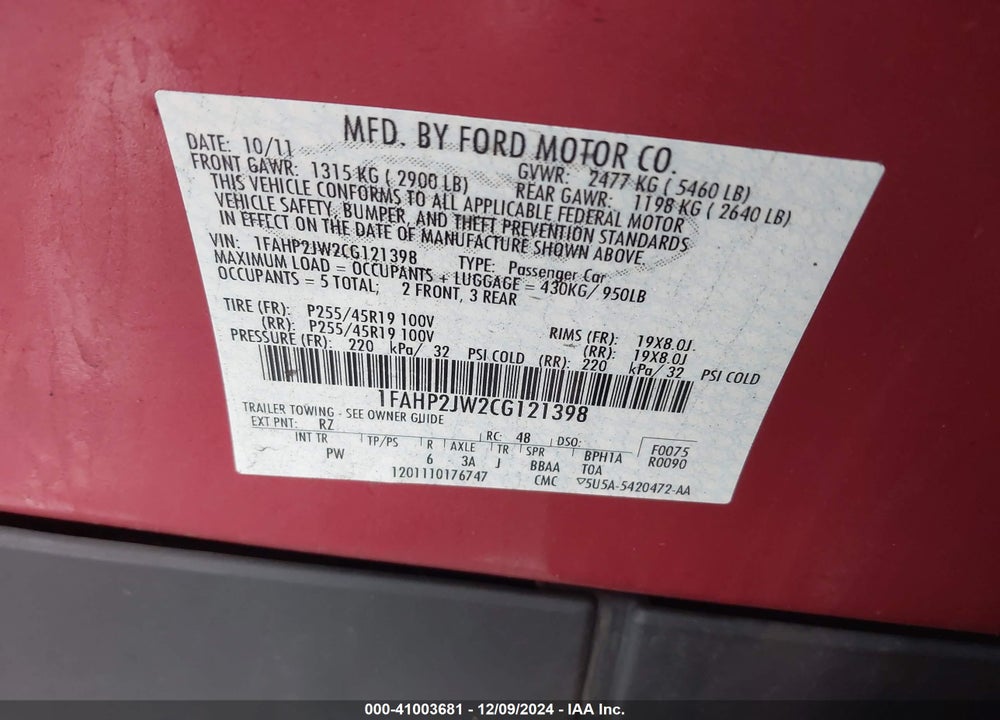 2012 FORD TAURUS LIMITED VIN: 1FAHP2JW2CG121398