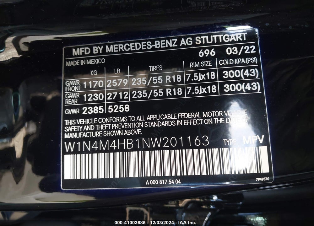 2022 MERCEDES-BENZ GLB 250 4MATIC VIN: W1N4M4HB1NW201163