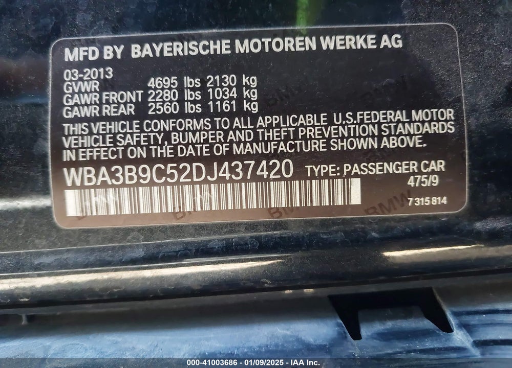 2013 BMW 335I XDRIVE VIN: WBA3B9C52DJ437420