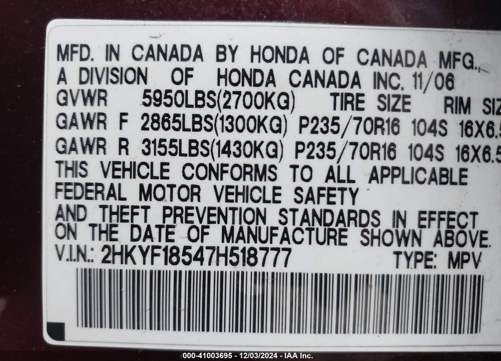 2007 HONDA PILOT EX-L VIN: 2HKYF18547H518777