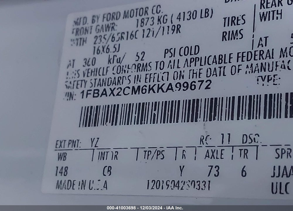 2019 FORD TRANSIT-350 XLT VIN: 1FBAX2CM6KKA99672