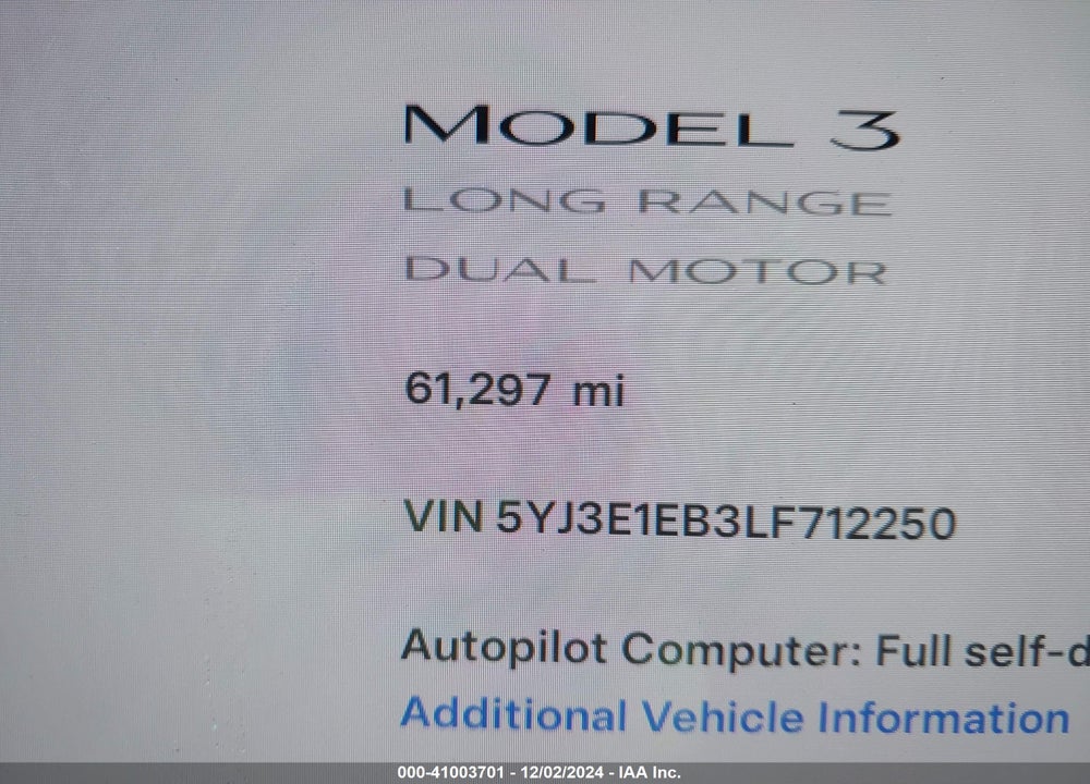 2020 TESLA MODEL 3 VIN: 5YJ3E1EB3LF712250