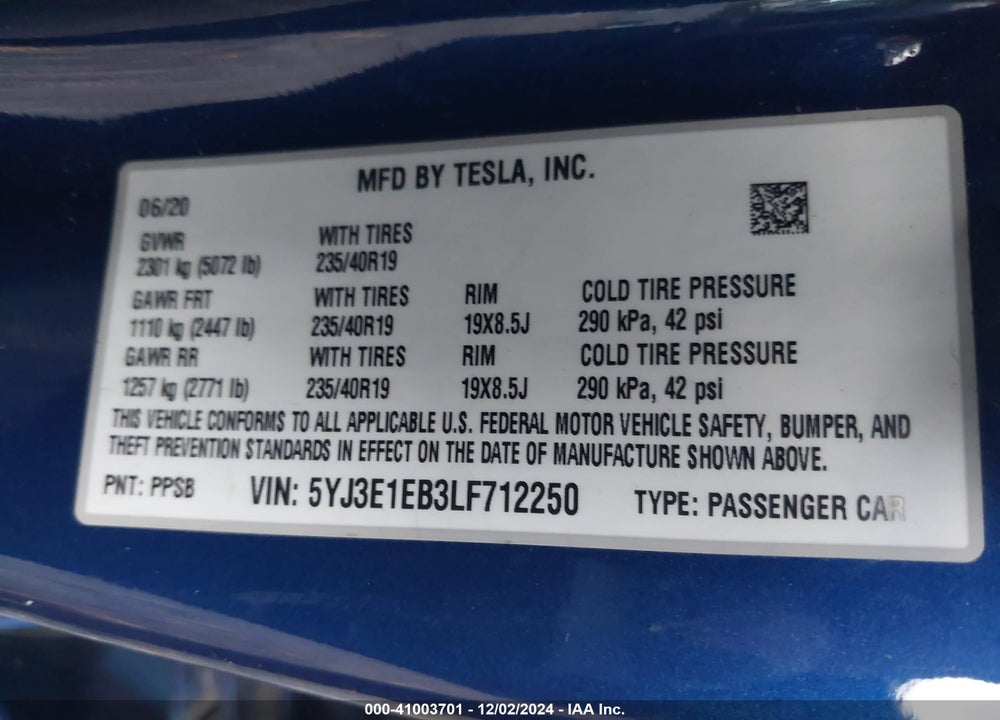 2020 TESLA MODEL 3 VIN: 5YJ3E1EB3LF712250