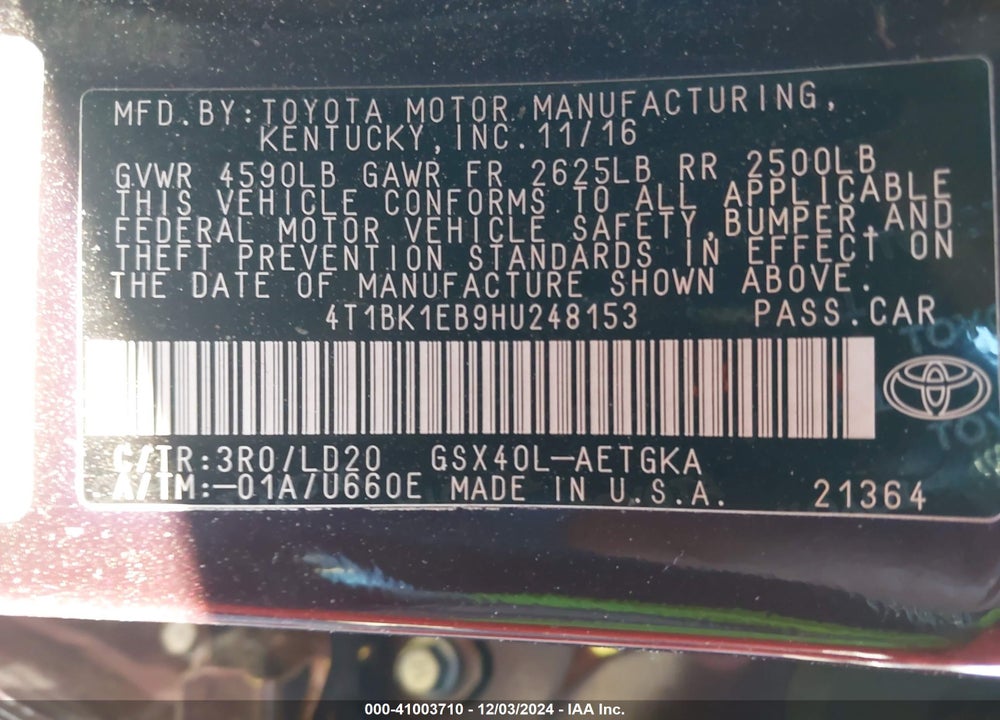 2017 TOYOTA AVALON XLE VIN: 4T1BK1EB9HU248153