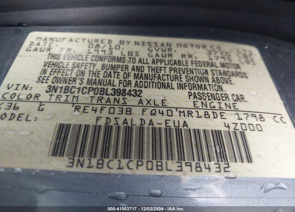 2011 NISSAN VERSA 1.8S VIN: 3N1BC1CP0BL398432