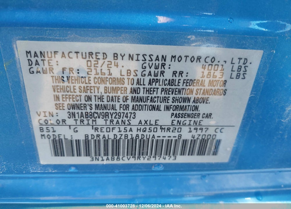 2024 NISSAN SENTRA SV XTRONIC CVT VIN: 3N1AB8CV9RY297473