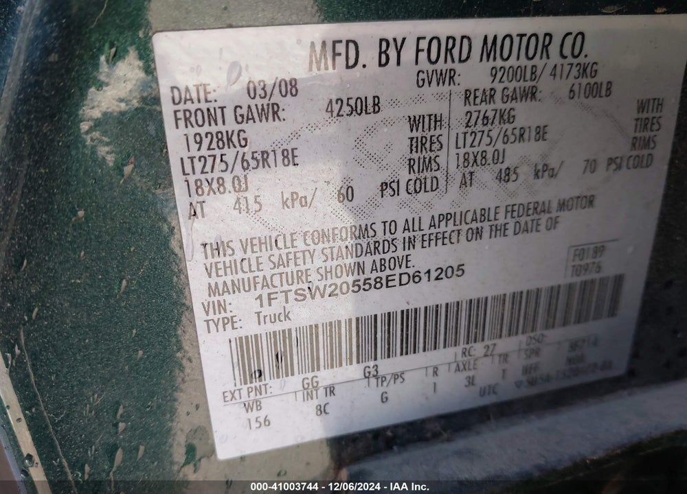 2008 FORD F-250 KING RANCH/LARIAT/XL/XLT VIN: 1FTSW20558ED61205