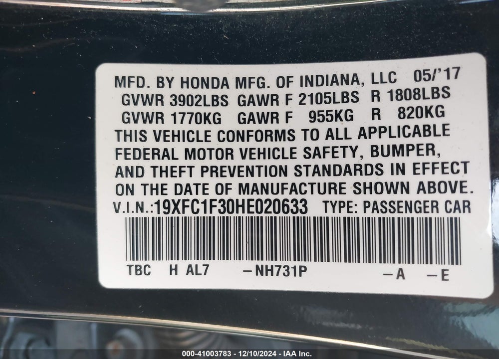 2017 HONDA CIVIC VIN: 19XFC1F30HE020633