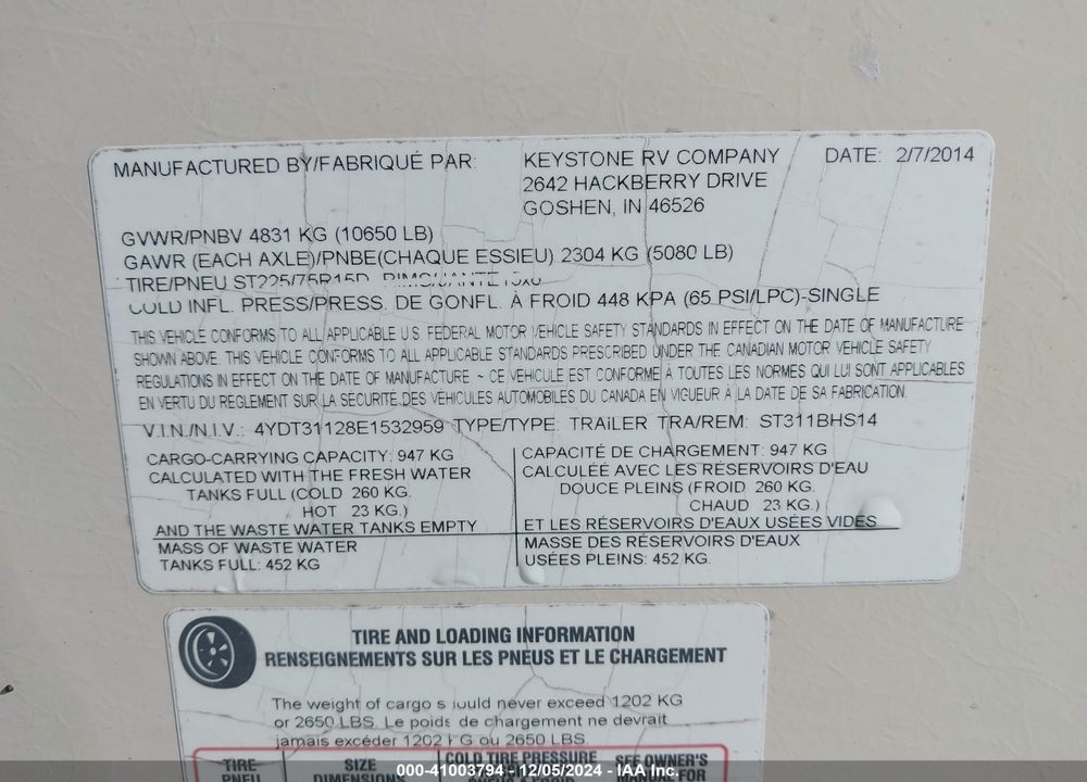 2014 KEYSTONE RV SPRINTER 15TH ANNIVE VIN: 4YDT31128E1532959