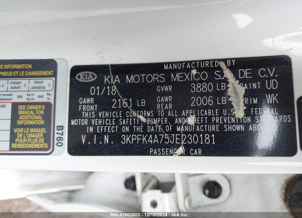 2018 KIA FORTE LX VIN: 3KPFK4A75JE230181