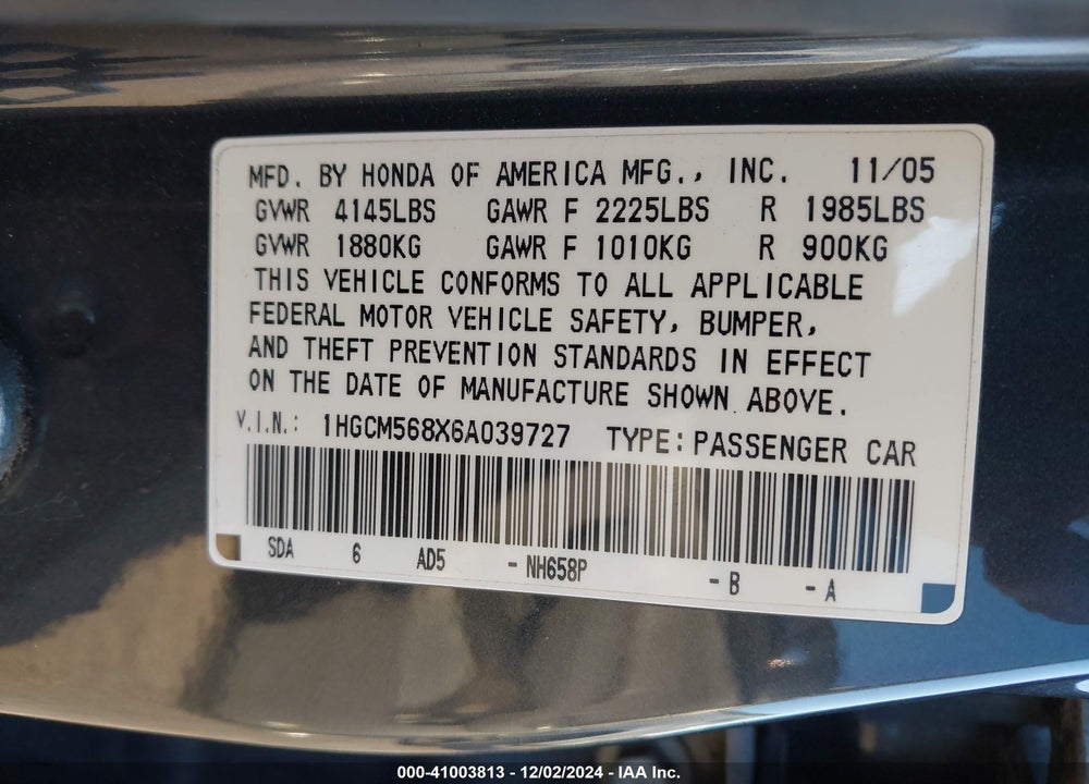 2006 HONDA ACCORD 2.4 EX VIN: 1HGCM568X6A039727